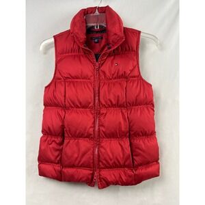 Tommy Hilfiger Puffer Vest Women S Red Down Quilted Full Zip Cinched Back